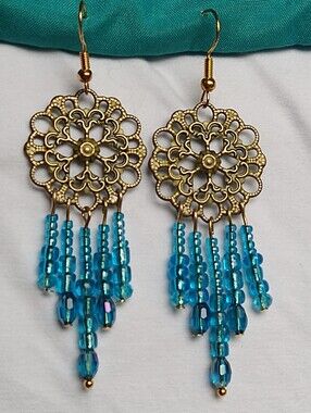 Handmade Gold Filigree Drop Earrings with Turquoise Blue Beads